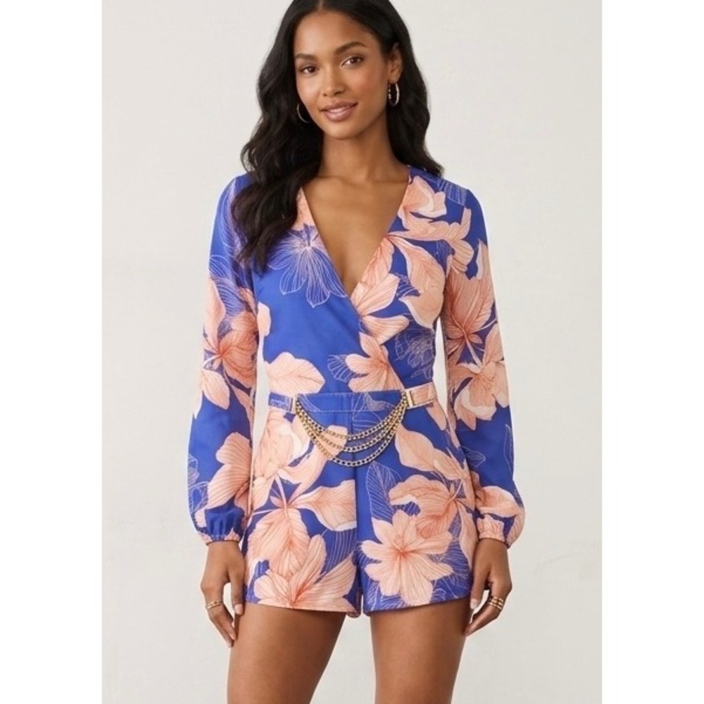 Bebeโ Floral Romper Women Smal Blue Pink Chain Belt Pockets Vacation Resort Chic